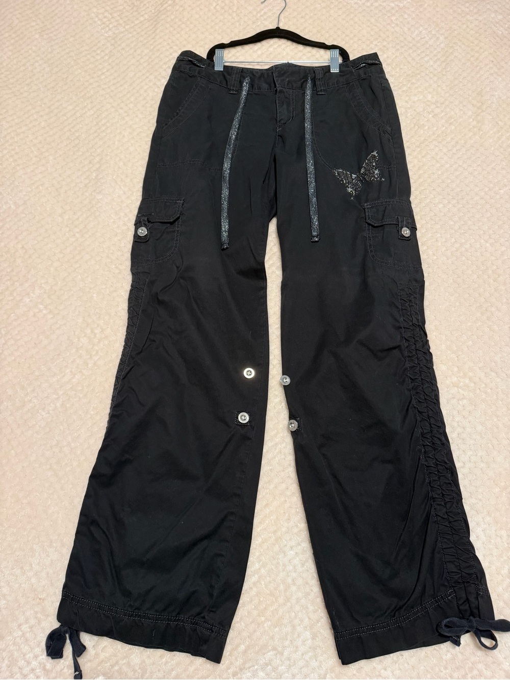 Express Black Straight Leg Cargo Pants with Rhinestone Butterfly Accent - Picture 1 of 6